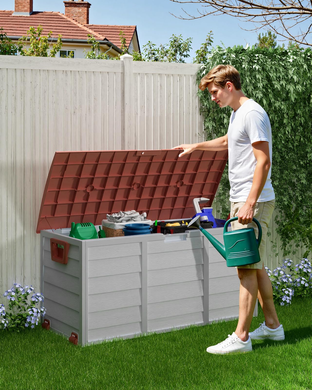 The Fellie Garden Storage Box with Wheels, 290L Lockable Garden Storage Boxes Waterproof, Plastic Outside Storage Box for Gardening Tools, Cushions, Toys, 112x49x54cm, Grey — view 7