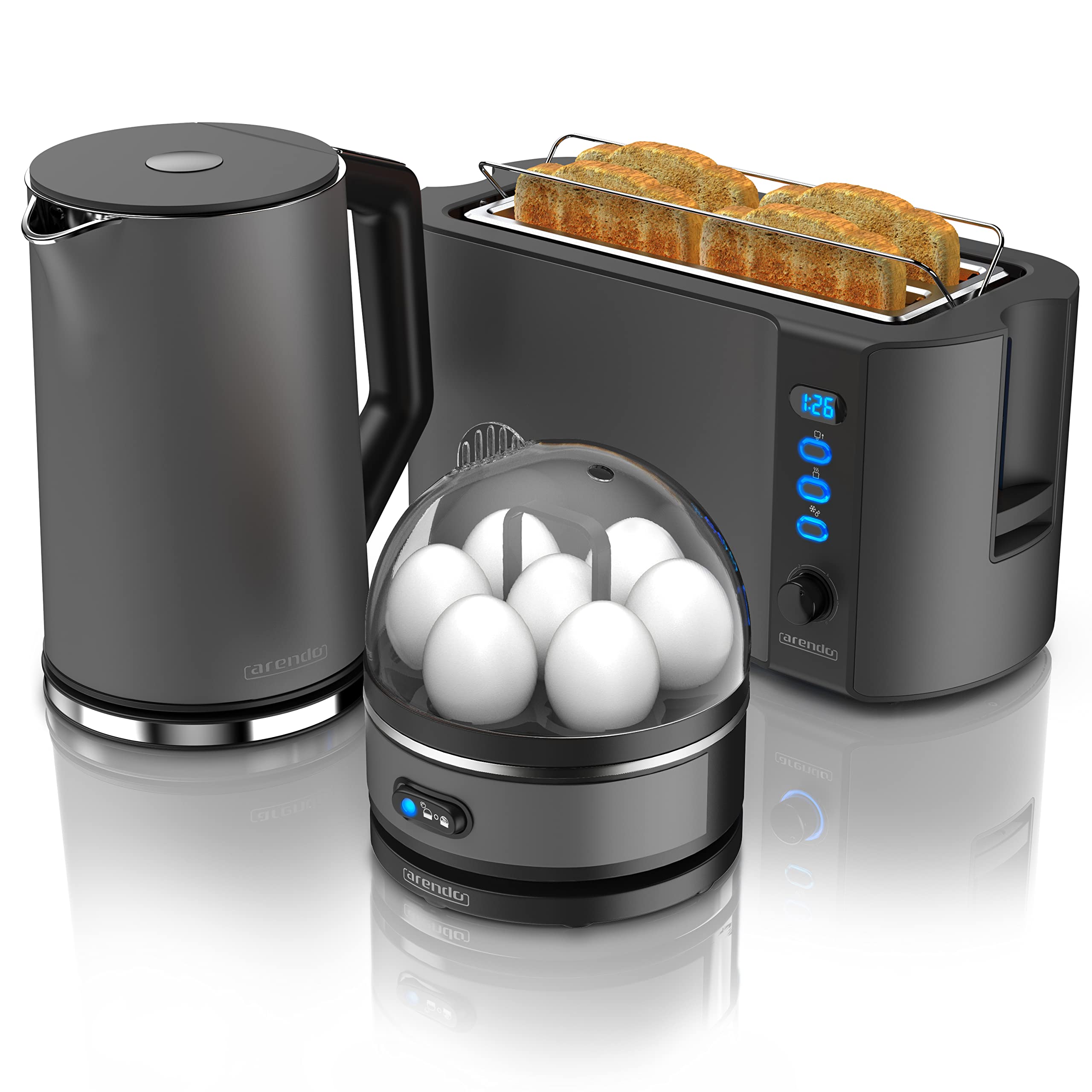 Arendo Ensemble Bouilloire Grille-Pain Cuiseur à Œufs Inox 1,5L 40°-100°C Toaster 4 Tranches LED 6 Niveaux Cool grey