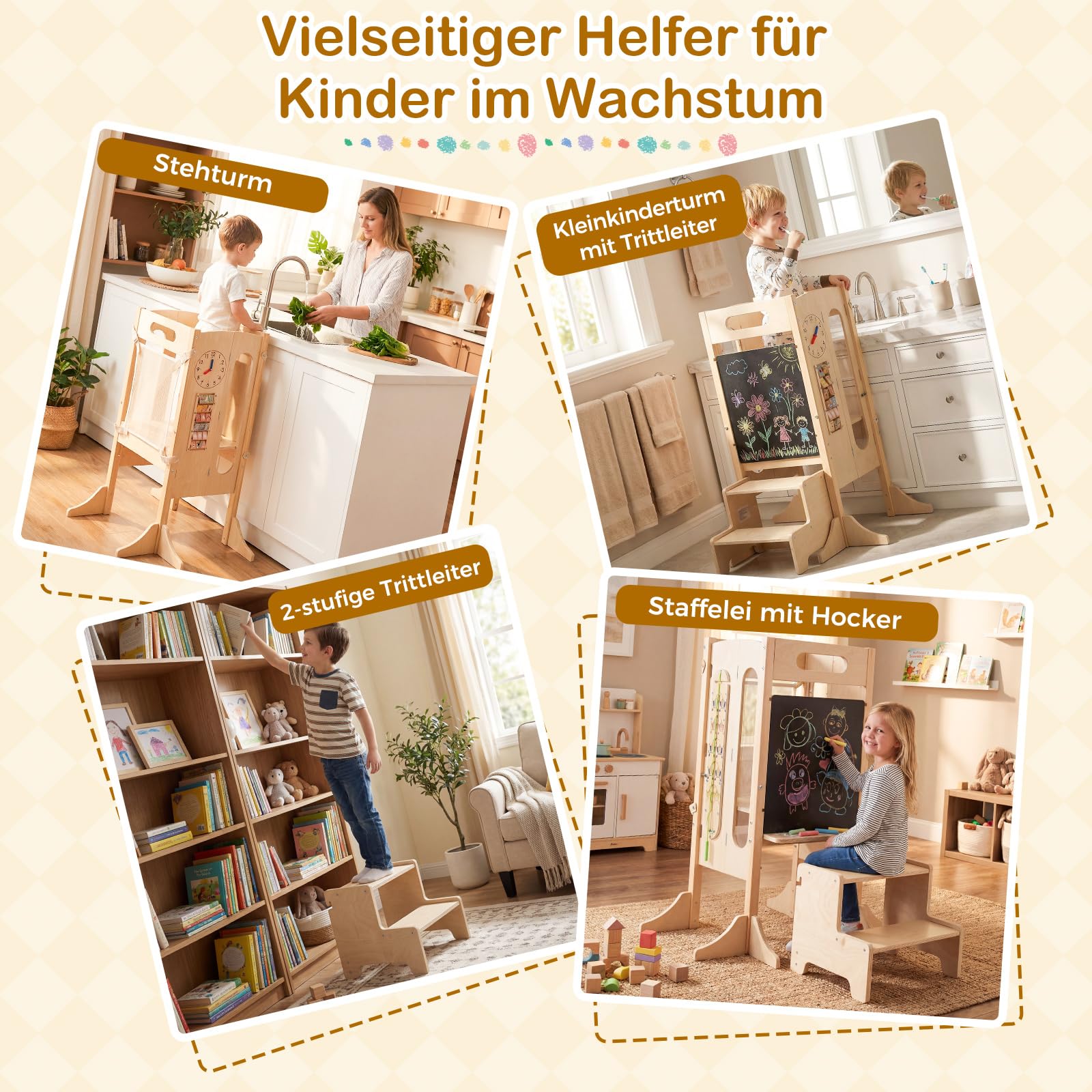 COSTWAY 4 in 1 Lernturm klappbar, Tritthocker aus Holz mit 2-Stufen Hocker, Tafel & abnehmbarem Sicherheitsnetz, Learning Tower Montessori, Tritthschemel für Kinder ab 3 Jahren, Natur
