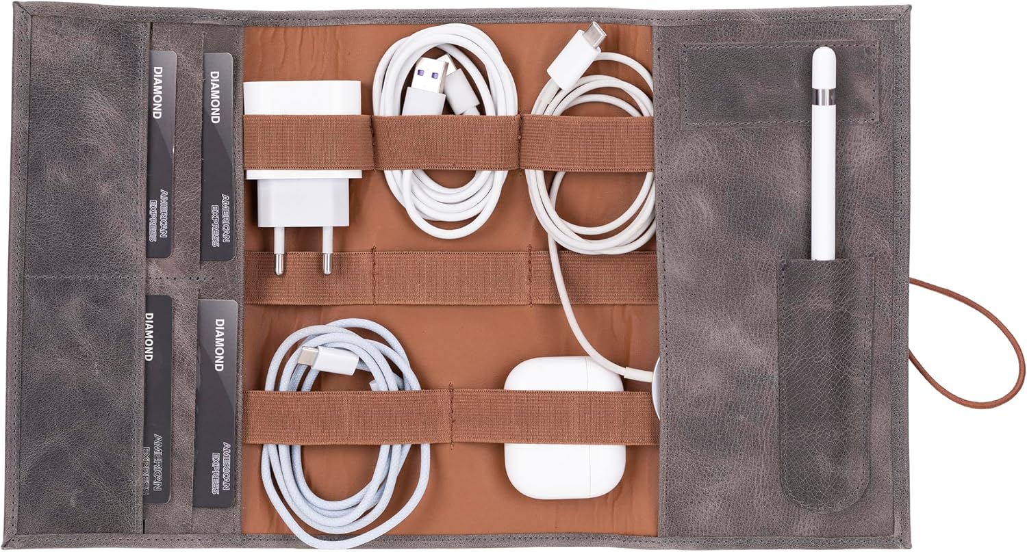 Venito Lazio Travel Cable Organizer, Full-Grain Leather, Faded Gray