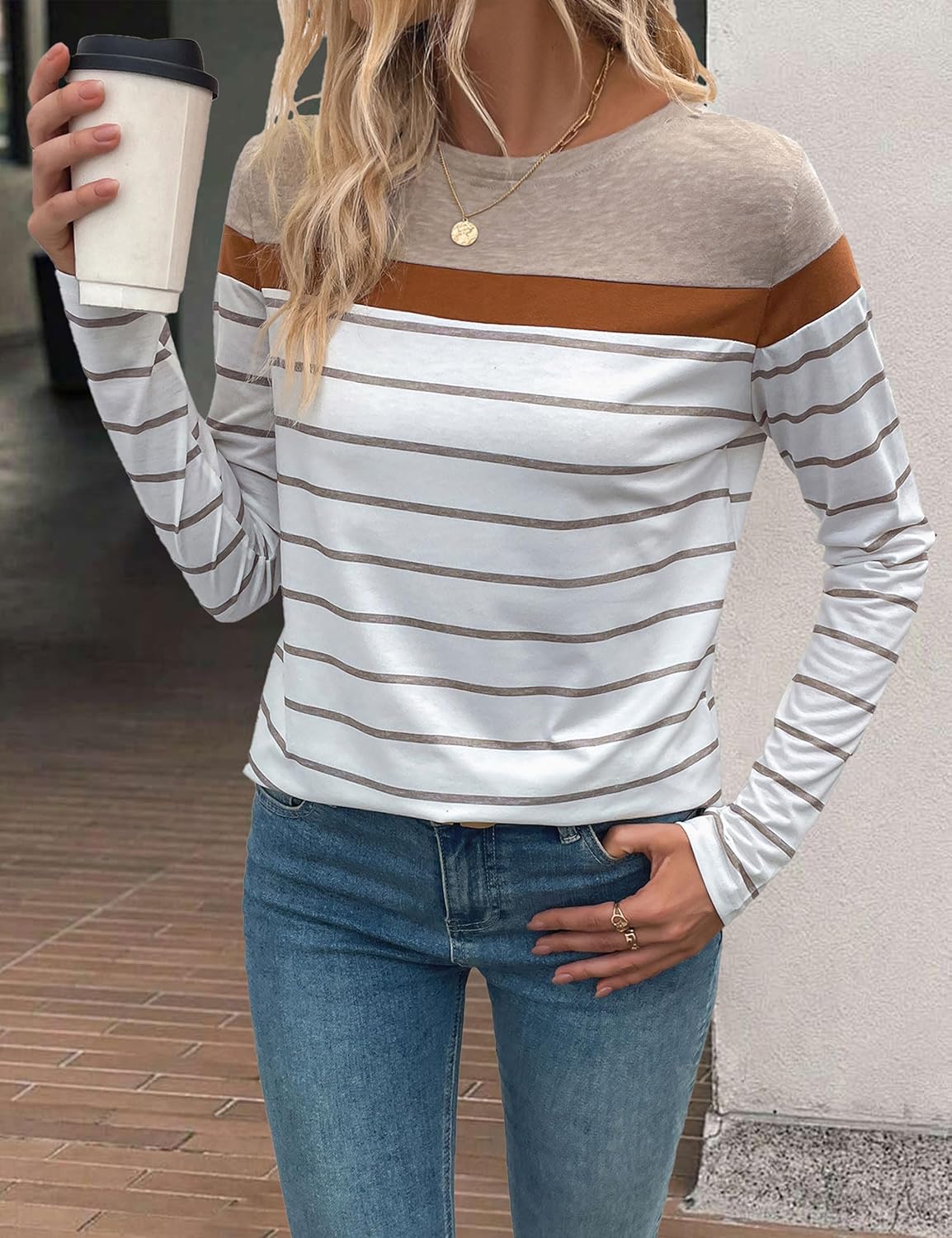 Long Sleeve Shirts for Women Crew Neck Casual Striped T Shirt Casual Basic Fall Tops - Image 6