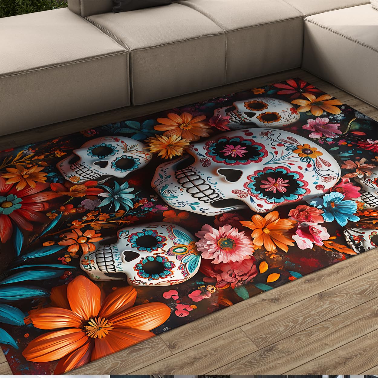 Boho Art 90 x 120 cm Rugs Launch Day Dead Skull Cukier Kolorowy Wzór Dzikie Kwiaty Dywan Podłoga Niskie Włosy Do Salonu Balkonu
