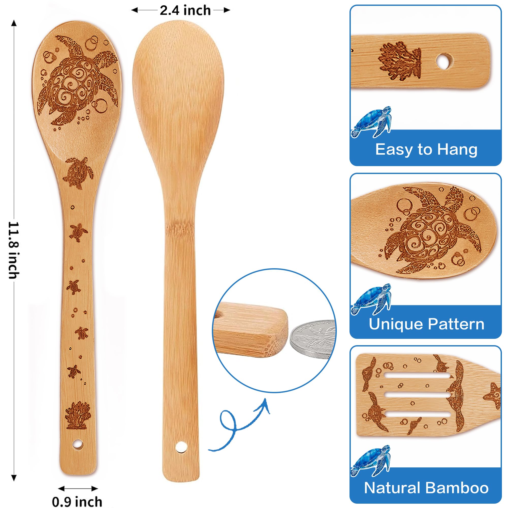Juego de 6 cucharas de madera de bambú para cocinar (tortuga marina)
