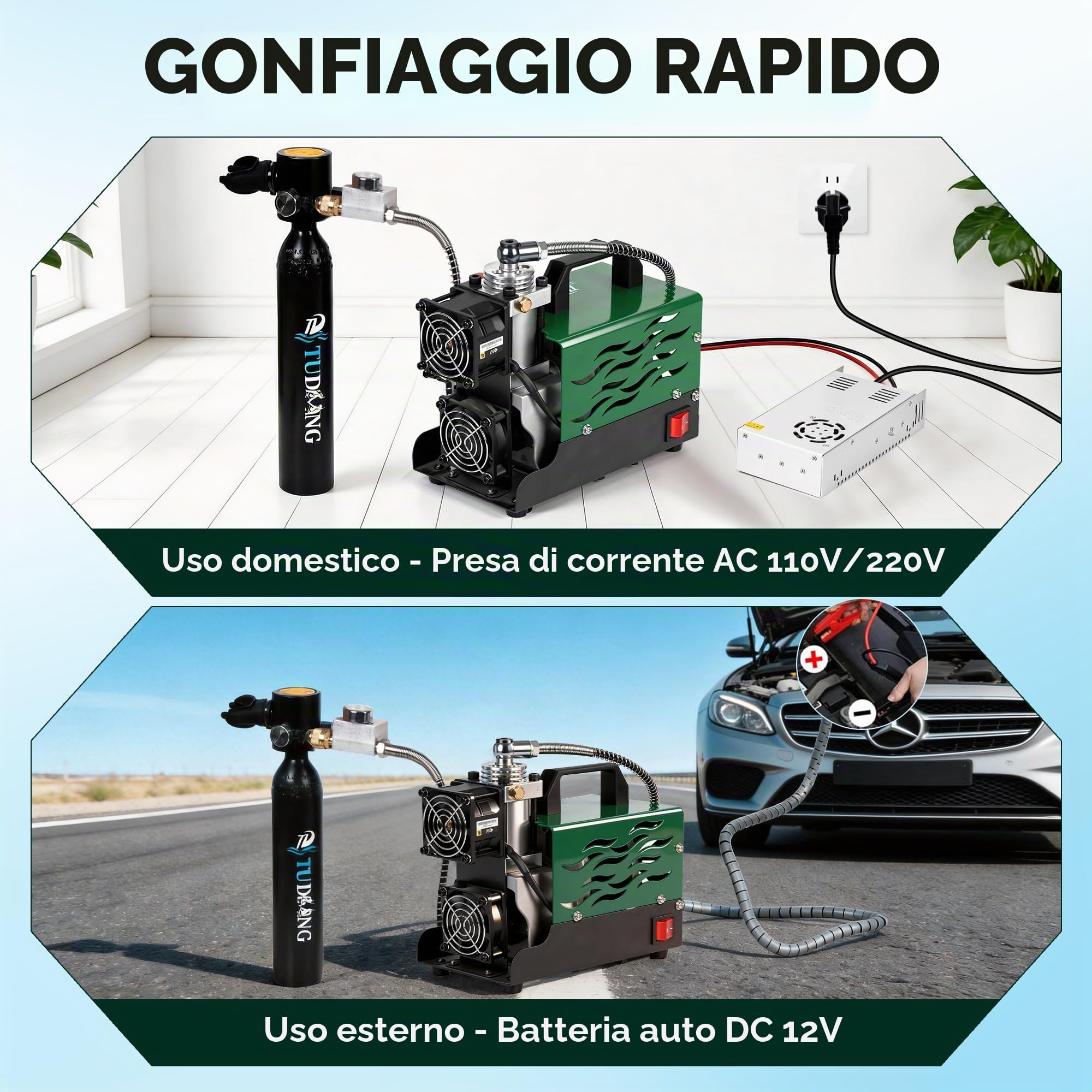 TUDIVING-Compressore d'aria portatile PCP, pompa per auto ad alta pressione con adattatore di alimentazione da 12 V, compressore per bombole subacquee per fucile ad aria compressa da paintball 220 V