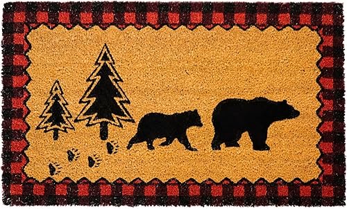 Tapete de fibra de coco Mama Bear con cachorro en el bosque con borde rojo a cuadros Decoración del hogar temática de cabaña, tapete de bienvenida