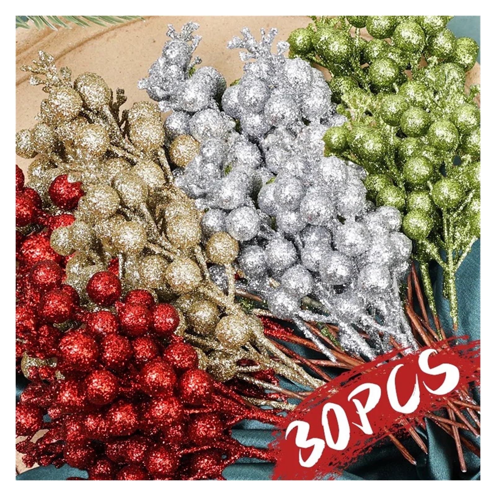 Ramo de ramas con bayas artificiales, Tallos De Bayas Artificiales Con Purpurina En Polvo Dorado, Multicolor, 23,5 Cm, ​​Paquete
