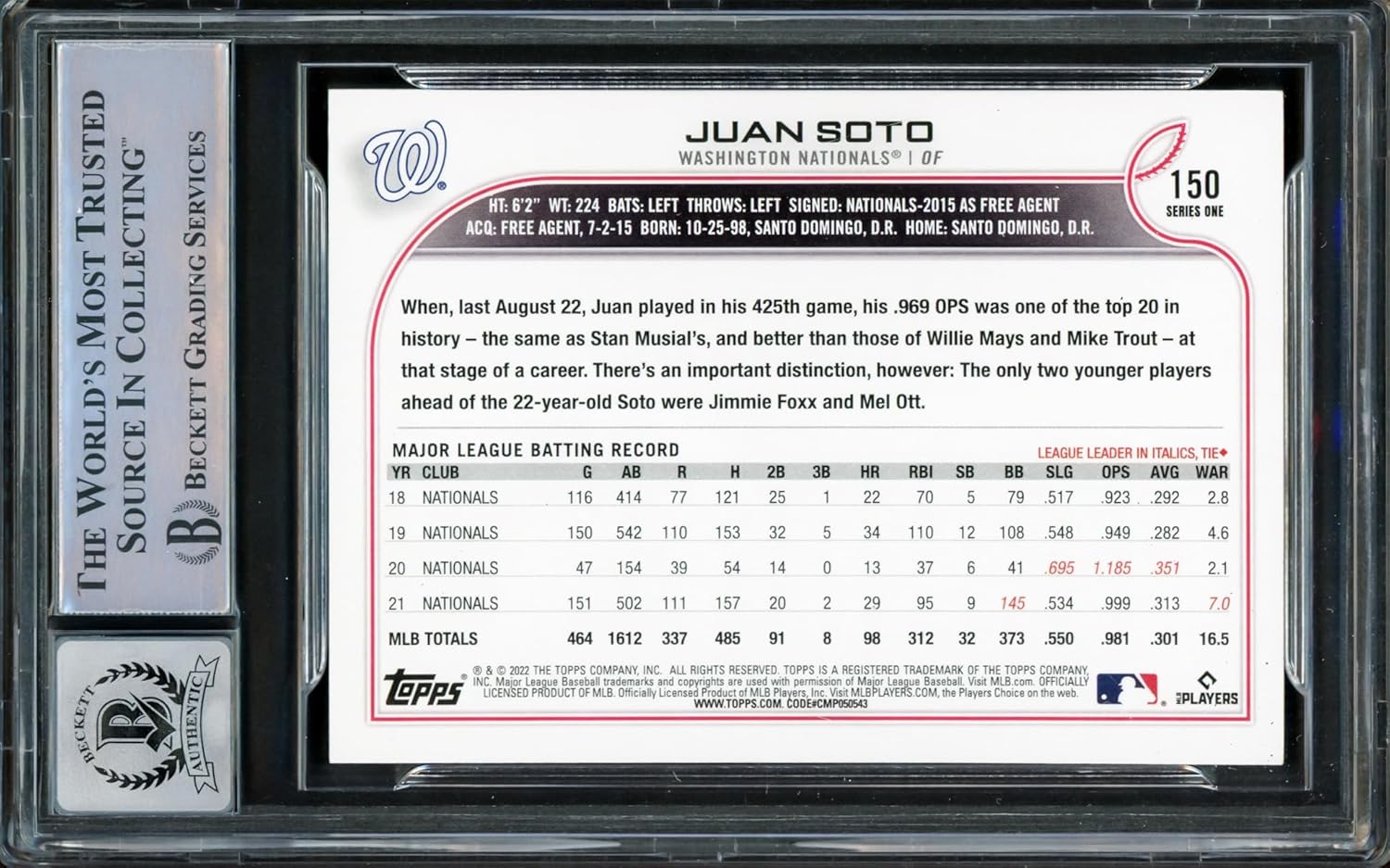 Juan Soto Autographed 2022 Topps Baseball Card #150 Auto Grade Gem Mint 10 Beckett BAS Stock #218674