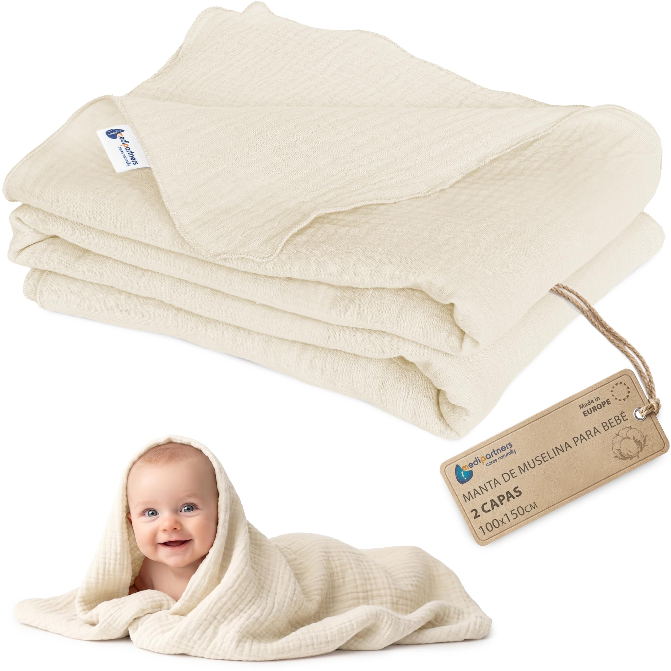 Medi Partners Muslin Blanket for Babies 100 x 150 cm Blankets Newborn Blanket Babies 100% Cotton Blanket Summer Babies Universal Comfortable (Beige)