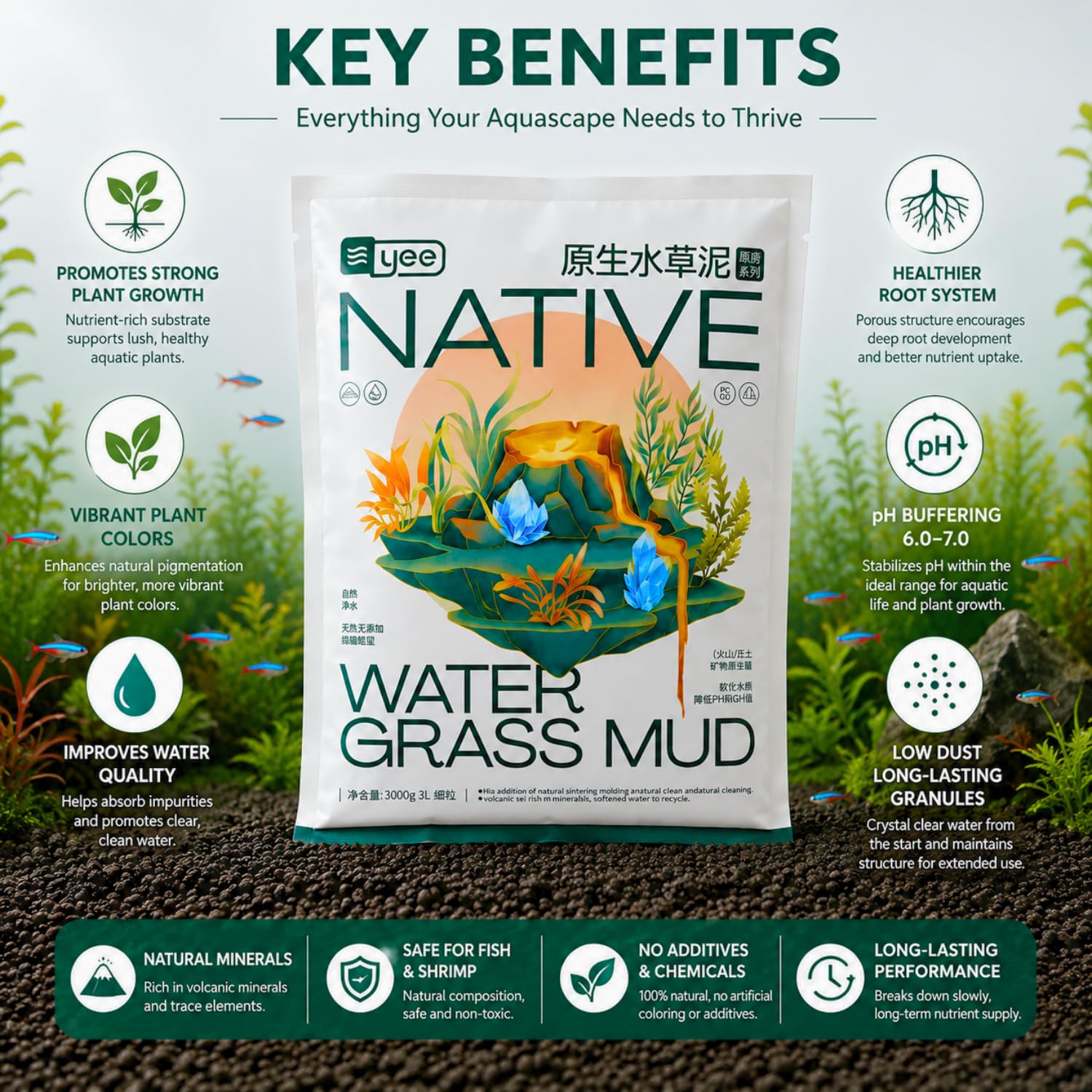 VAYINATO® 3L Native Aqua Soil for Planted Aquariums | Imported Premium Nutrient-Rich Aquarium Substrate for Aquatic Plants, Shrimp & Freshwater Fish | pH Buffering 6.0–7.0 | Low Dust, Long-Lasting 2