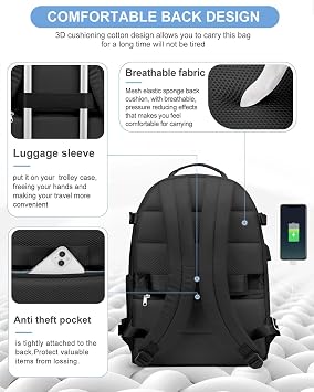 Travel Backpack for Women Men, Carry on Backpack Flight Approved Item Bag,Casual Daypacks Cabin Bagage,Hiking Backpack Lightweight Rucksack, Business Laptop Backpack with USB Charger Black Large