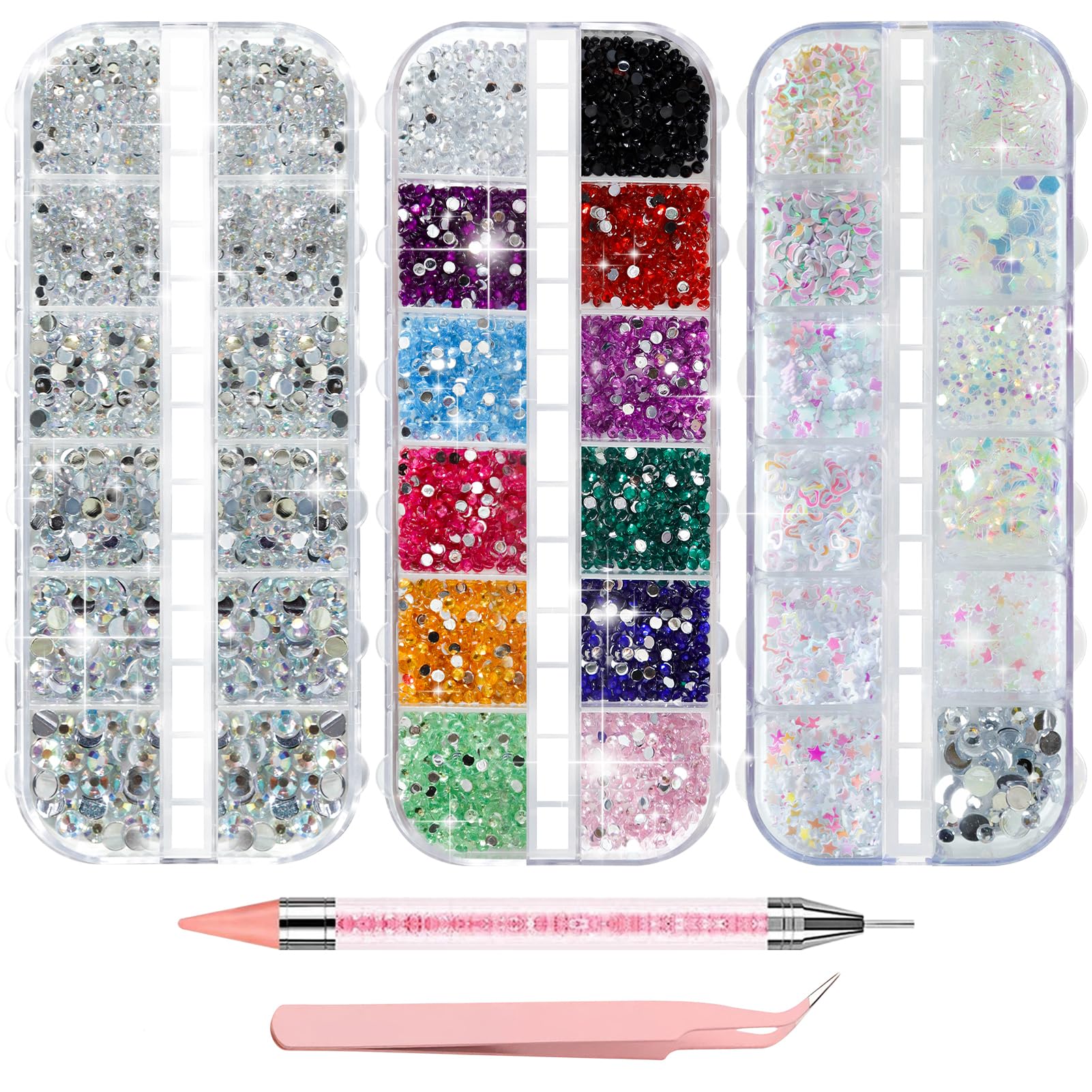 5200 pièces de strass pour ongles, strasss argentés AB en 6 tailles, mélange de strass de 6 couleurs pour ongles, 6 types de paillettes, inclus pince à épiler et stylet à points pour nail art DIY