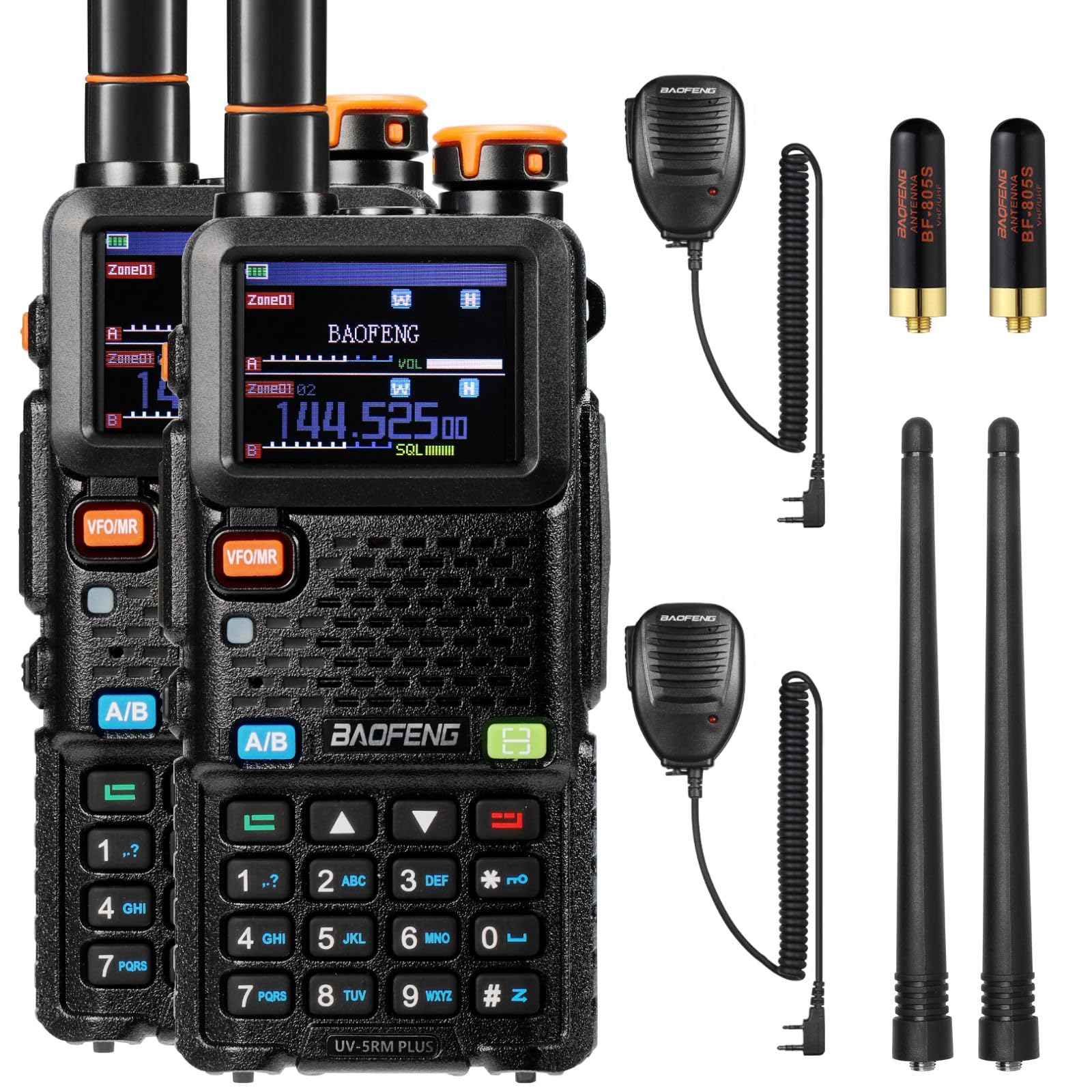 BAOFENG UV-5RM Plus GPS Radio Amateur Portable 10W, Talkie-walkie Double Bande Longue portée, récepteur VHF UHF Airband, Batterie 2500mAh, Port USB-C, 640 canaux, Microphones Haut-parleurs (Lot de 2)