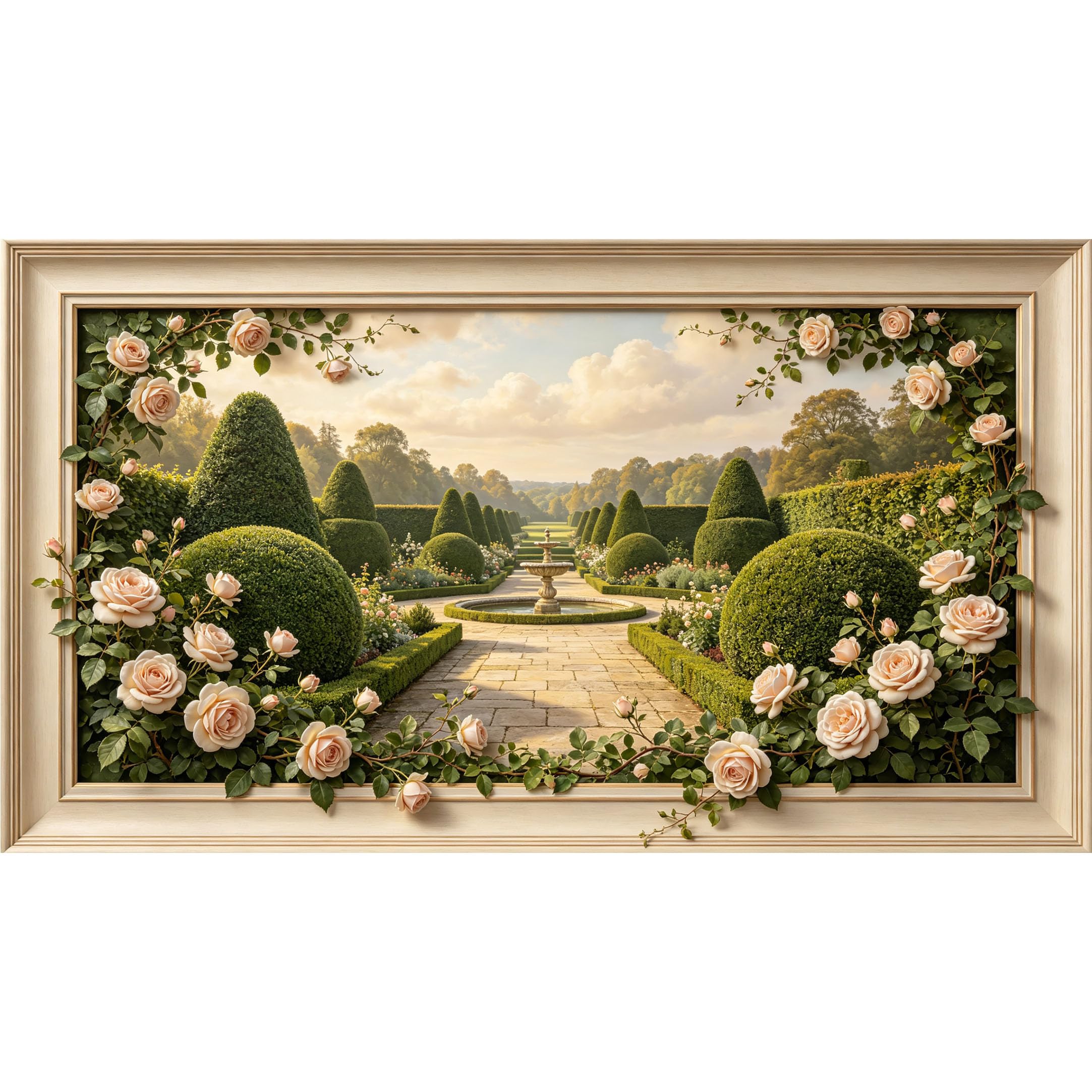 QZLITHOTIC 50x90cm3D Framed Wall Art， Botanical Garden Path Rose Hedge Fountain Self‑Adhesive Mural， Water‑Activated Peel & Stick Fabric Decor Wall Decal for Bedroom Living Room