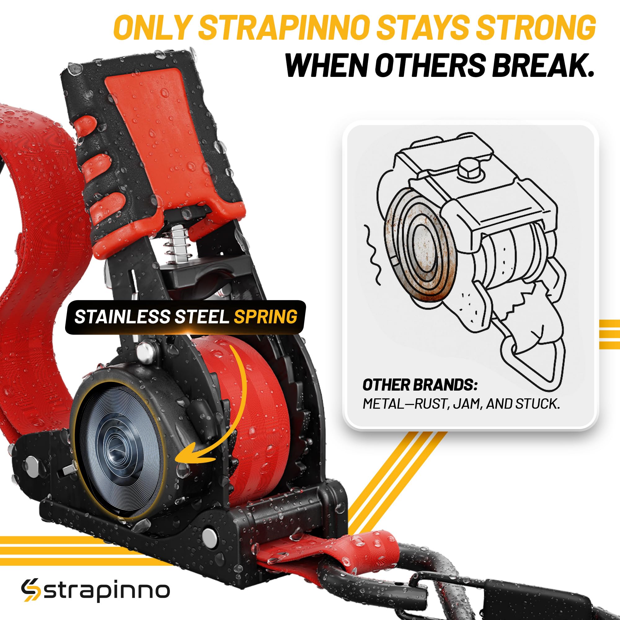 Strapinno - Correas de carraca retráctiles de 1 x 10 pies, amarres Seguros con Asas de Acero revestidas de Goma, para Motocicleta, Jetski, Kayak, Resistencia a la Rotura 1.5 libras/680 kg (Correa