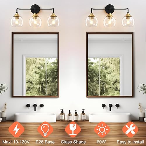 Miniatura 2 de Lámparas de baño de 3 luces con pantalla de vidrio transparente, accesorios de iluminación de tocador de 22 pulgadas sobre el espejo, lámparas de