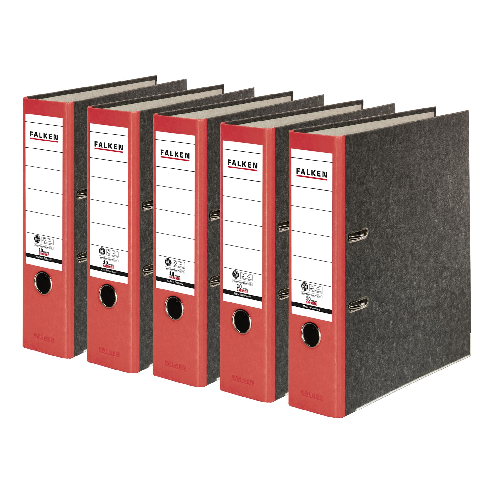 Falken - Confezione da 5 raccoglitori originali in marmo, realizzati in Germania, 8 cm di larghezza, DIN A4, dorso rosso, raccoglitore ad anelli, raccoglitori per lettere, raccoglitori da ufficio, in