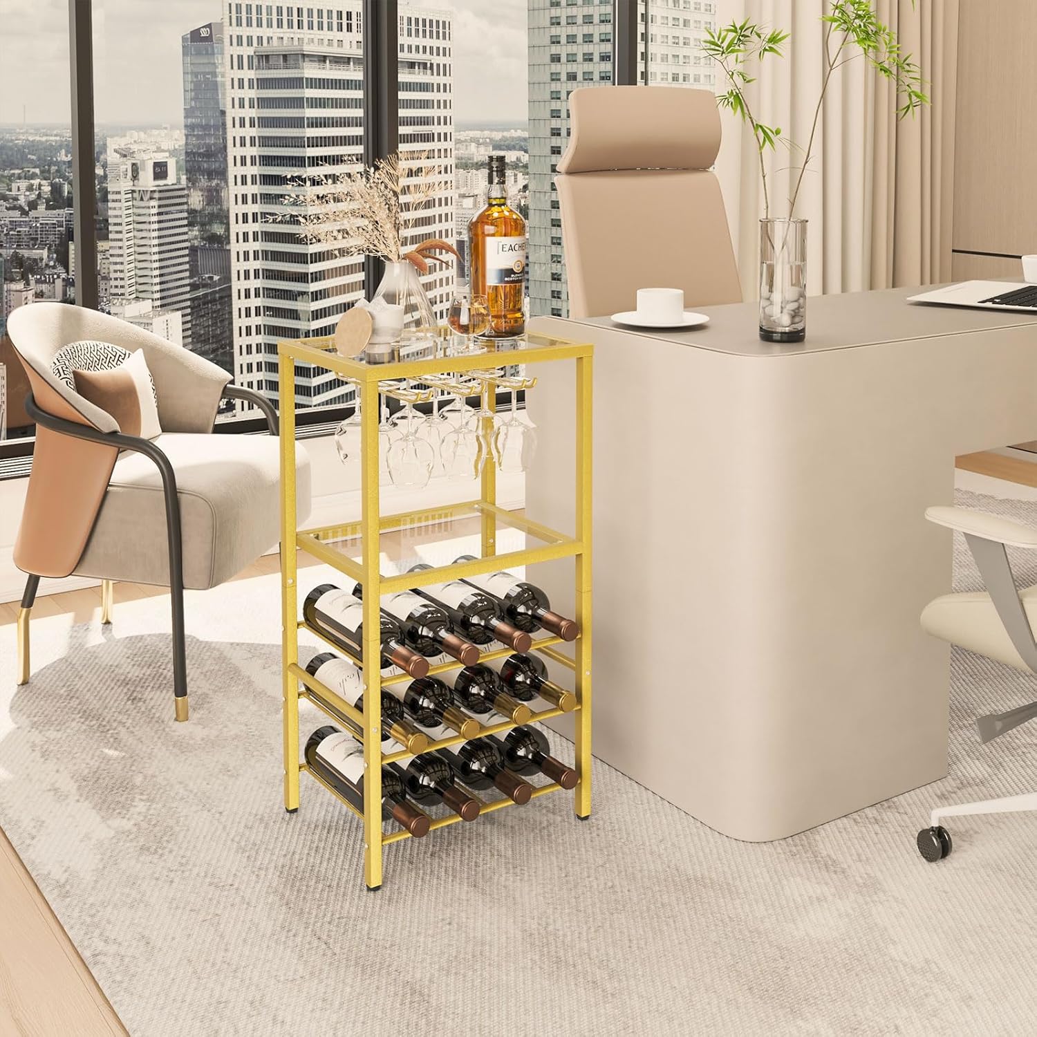 YMYNY Wine Rack, Tempered Glass Wine Holder Stand for 12 Bottles, 5 Tiers Wine Bar Rack for Home Kitchen Living Room, Freestanding Serving Carts, 15.35" L×11.41" W×30.71" H Gold UHGD091G
