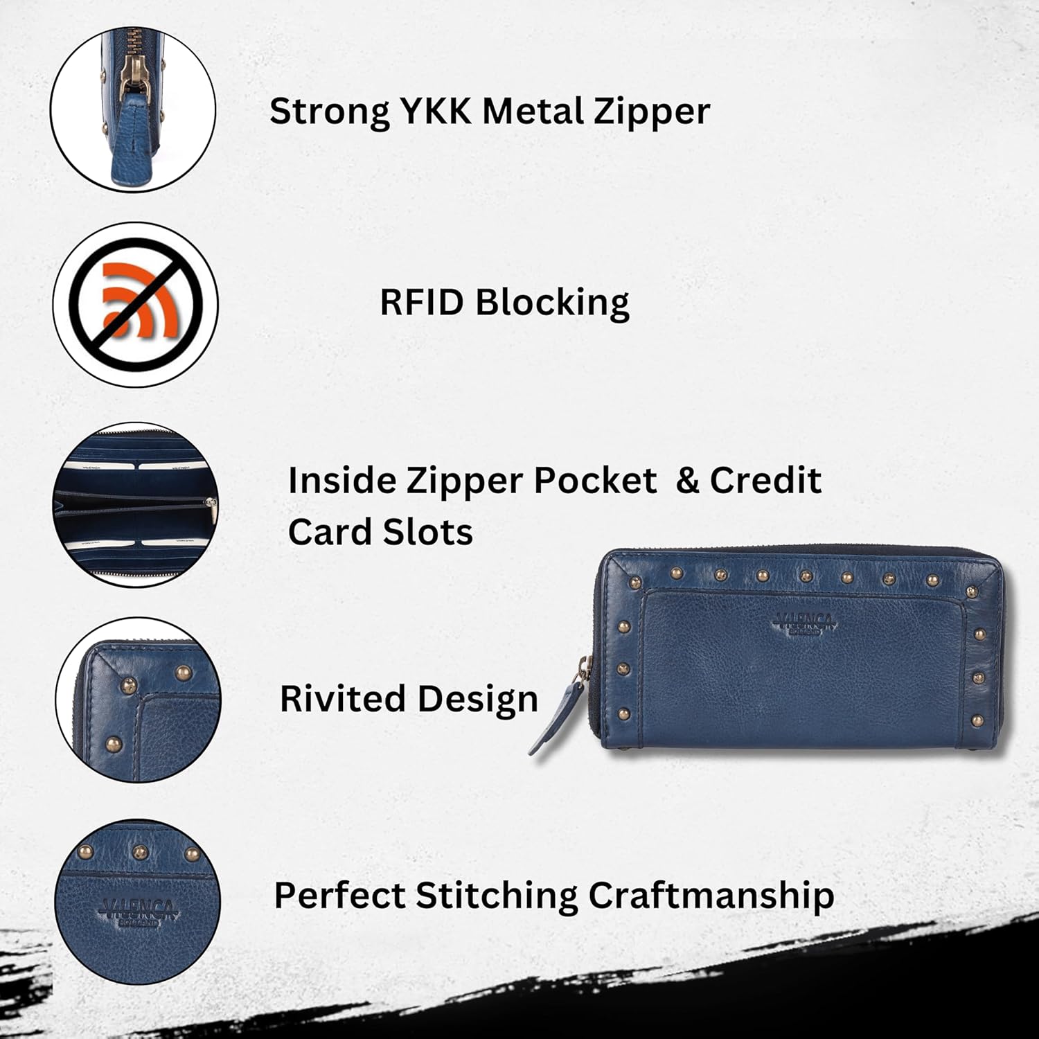 Vintage Genuine Italian Leather Boho Studded Wallet – Zipper Coin Purse & Credit Card Holder for Women (Navy) - Image 2