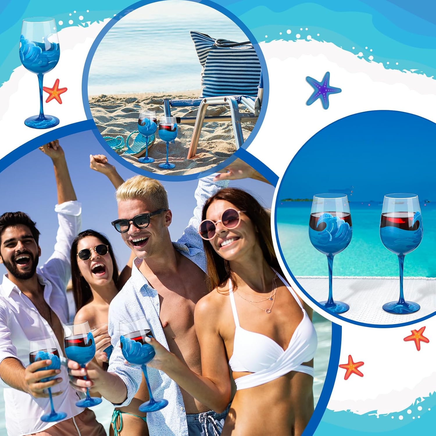 4 Pcs Ocean Wave Hand Painted Wine Glasses Beach Stemmed Wine Glasses Waves Decorative Drinking Cup Summer Ocean Gifts for Women Men Birthday Beach Themed Party Supplies
