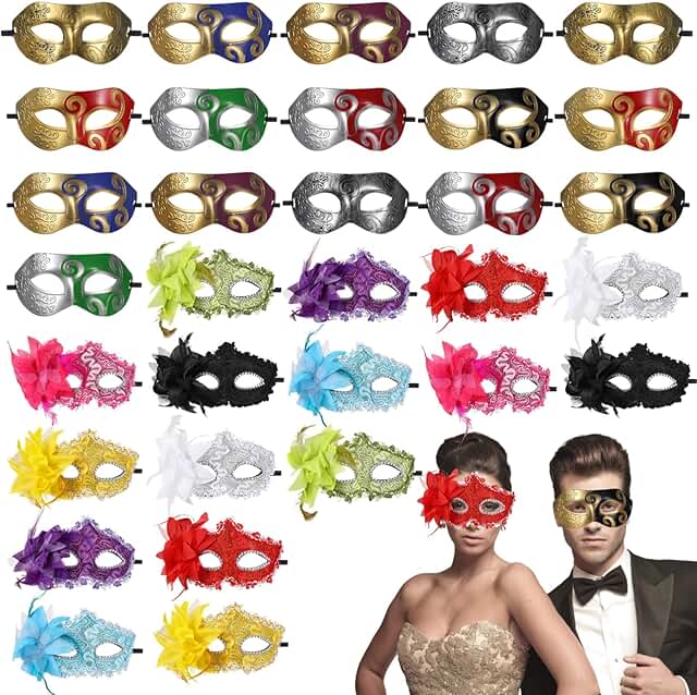 32 Pack Couple Masquerade Masks, Mardi Gras Mask, Christmas Masks, Elega...
