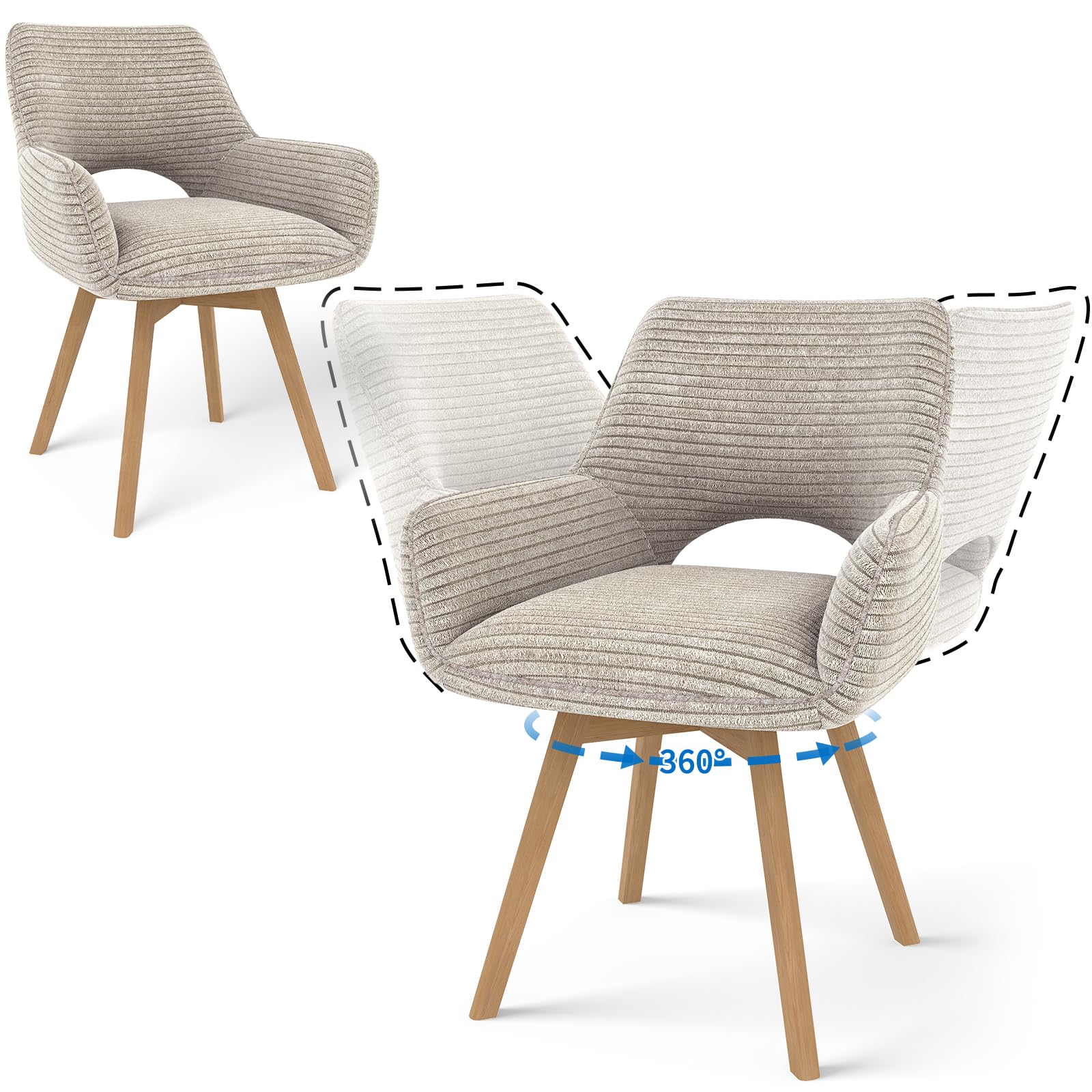 JIJIAN Swivel Dining Chairs Set of 2, 360° Swivel Upholstered Chairs with Armrests and Wooden Legs, Fabric Backrest for Kitchen, Living Room, Bedroom, Light Coffee