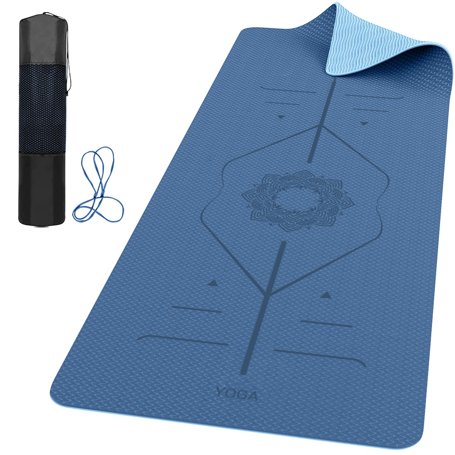 ROMIX Pro Yoga Mat with Alignment Lines 6mm, Non-Slip Ultra Lightweight Sweat Resistant Eco-Friendly Gym Workout Mat with Carry Bag and Strap for Women Men for Pilates Gymnastics (LBlue) — image 1