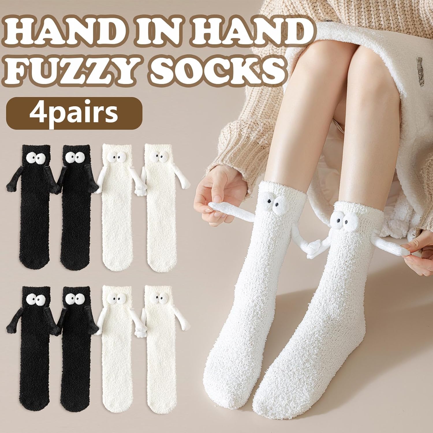 JarThenaAMCS 4 Pairs Holding Hands Fuzzy Socks White Black Magnetic Hand in Hand Warm Socks for Winter Birthday Valentines Party Gift Supplies image 3