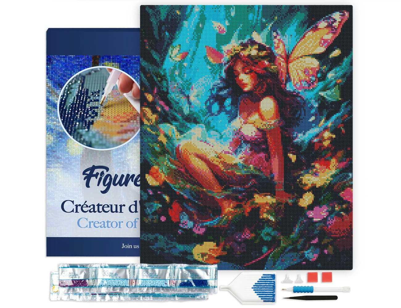 Figured’Art Diamond Painting Broderie Diamant 40x50cm Avec Cadre Toile Tendue Strass Perles Carrés - Fée et papillons - Kit Complet 5D DIY Activité Manuelle Loisirs Créatifs Adultes