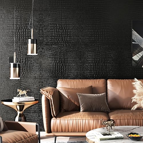 Miniatura 4 de WESTICK Papel tapiz con textura de cocodrilo mate, para pegar y despegar, papel de contacto negro para armarios, muebles, papel tapiz autoadhesivo