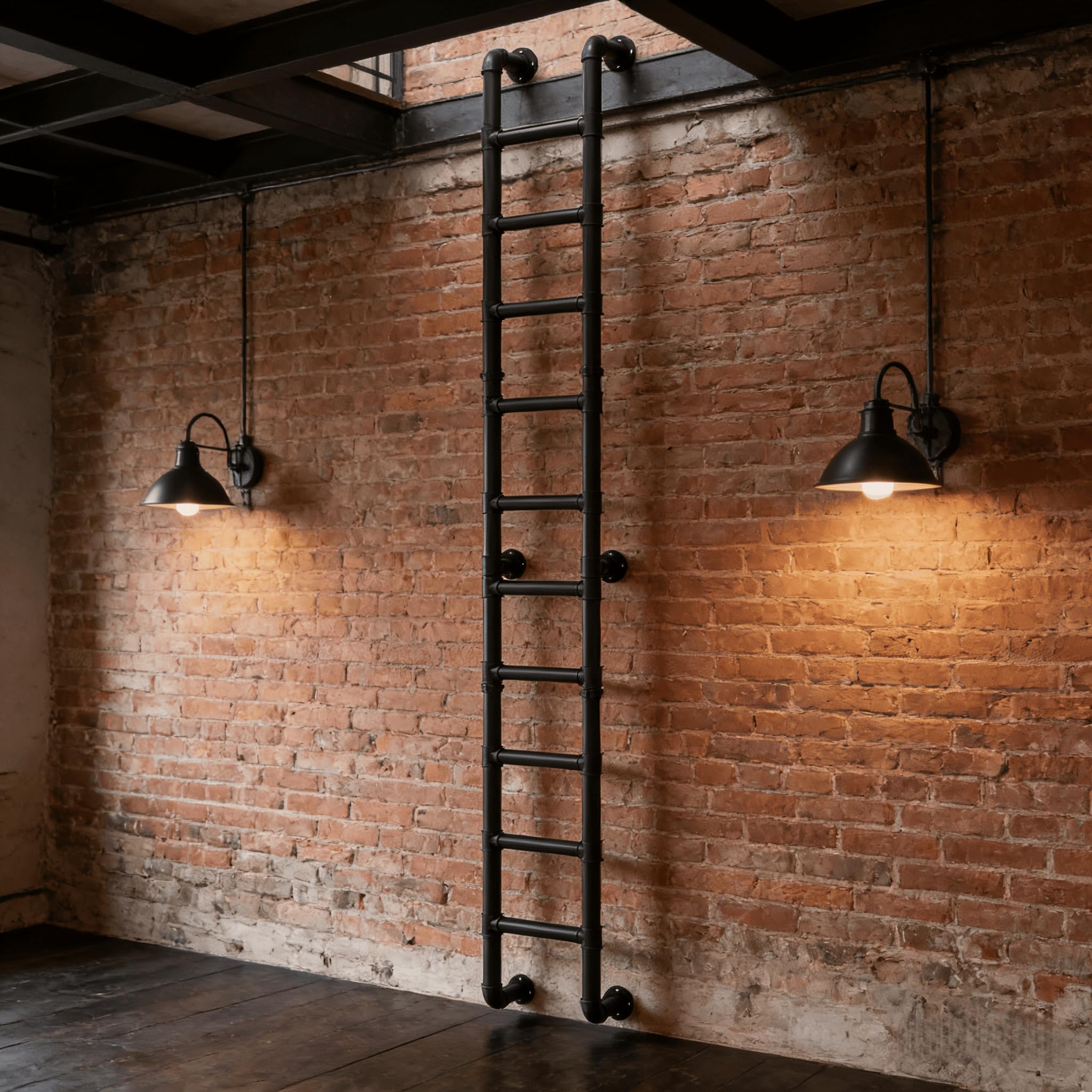 10 Rung Wall Mounted Ladder Heavy Duty 450lbs Capacity, 10FT Steel Pipe Fire Escape Ladder for Egress Window &amp; Basement, Industrial Wall/Floor-Mounted Loft