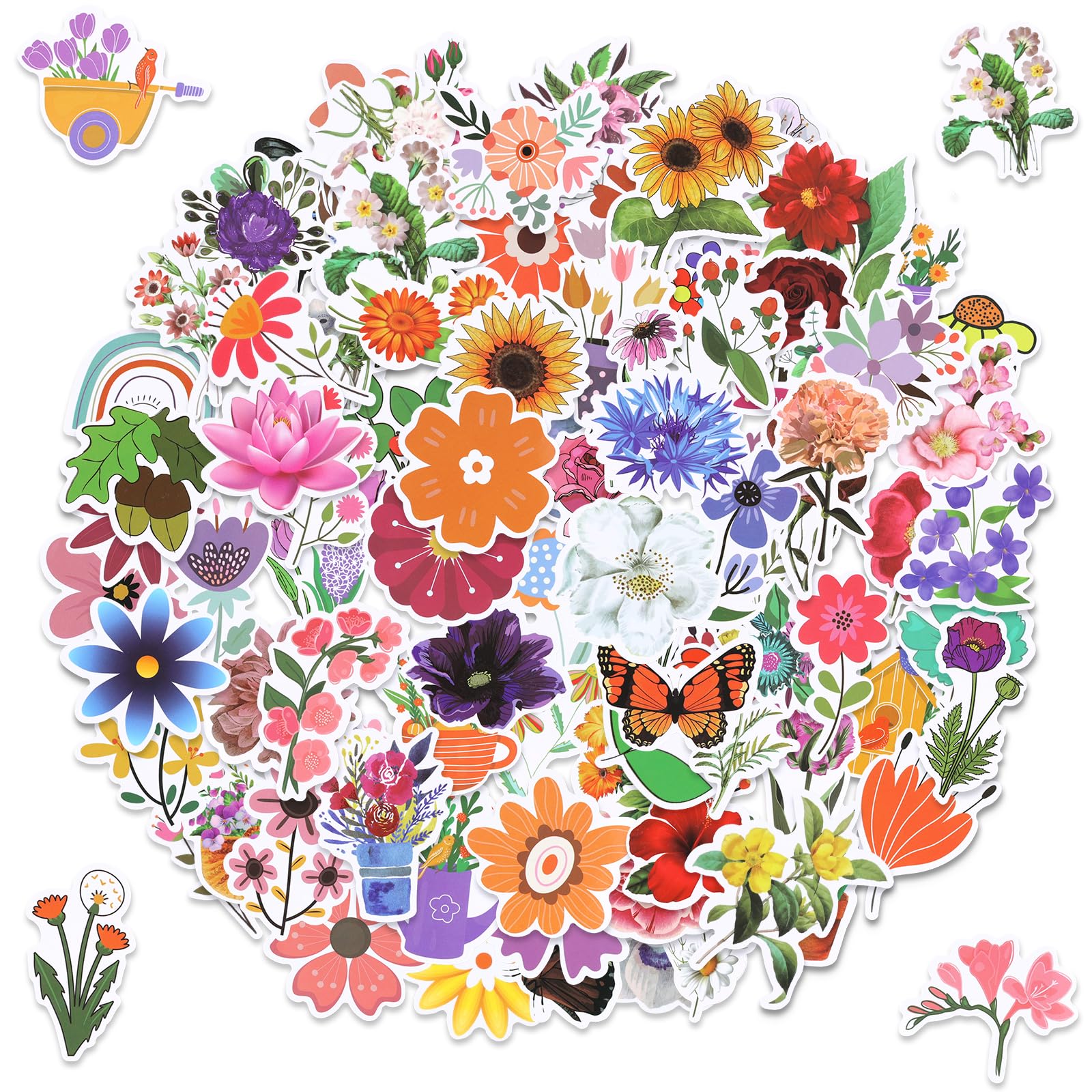 100 Blumenaufkleber – Bunt, Wasserfest, Verschiedene Muster, Für Laptops, Flaschen, Basteln
