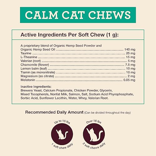Miniatura 3 de Hemp Well Calm Cat Soft Chews - Fórmula para aliviar la ansiedad y el estrés, ingredientes orgánicos, calma y relaja, mejora el comportamiento, 60