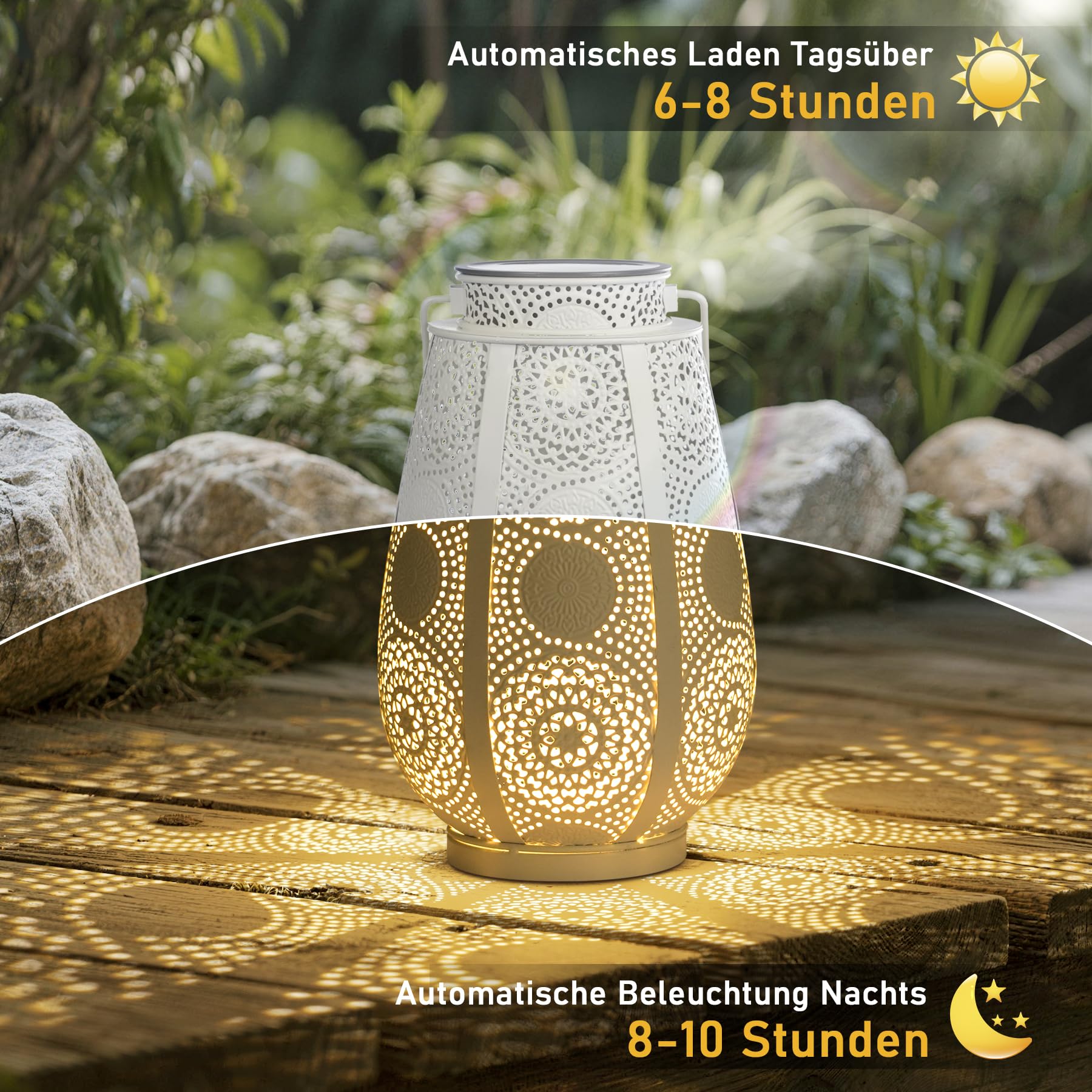 2 Stück Solarlampen für Außen Garten Vintage, IP65 Wetterfest Solarlaterne für Außen Hängend Metal, Rostfrei Solar Laternen mit Haken für Aussen Terrasse Veranda, Geschenk für Frauen Mama Oma(Weiß)