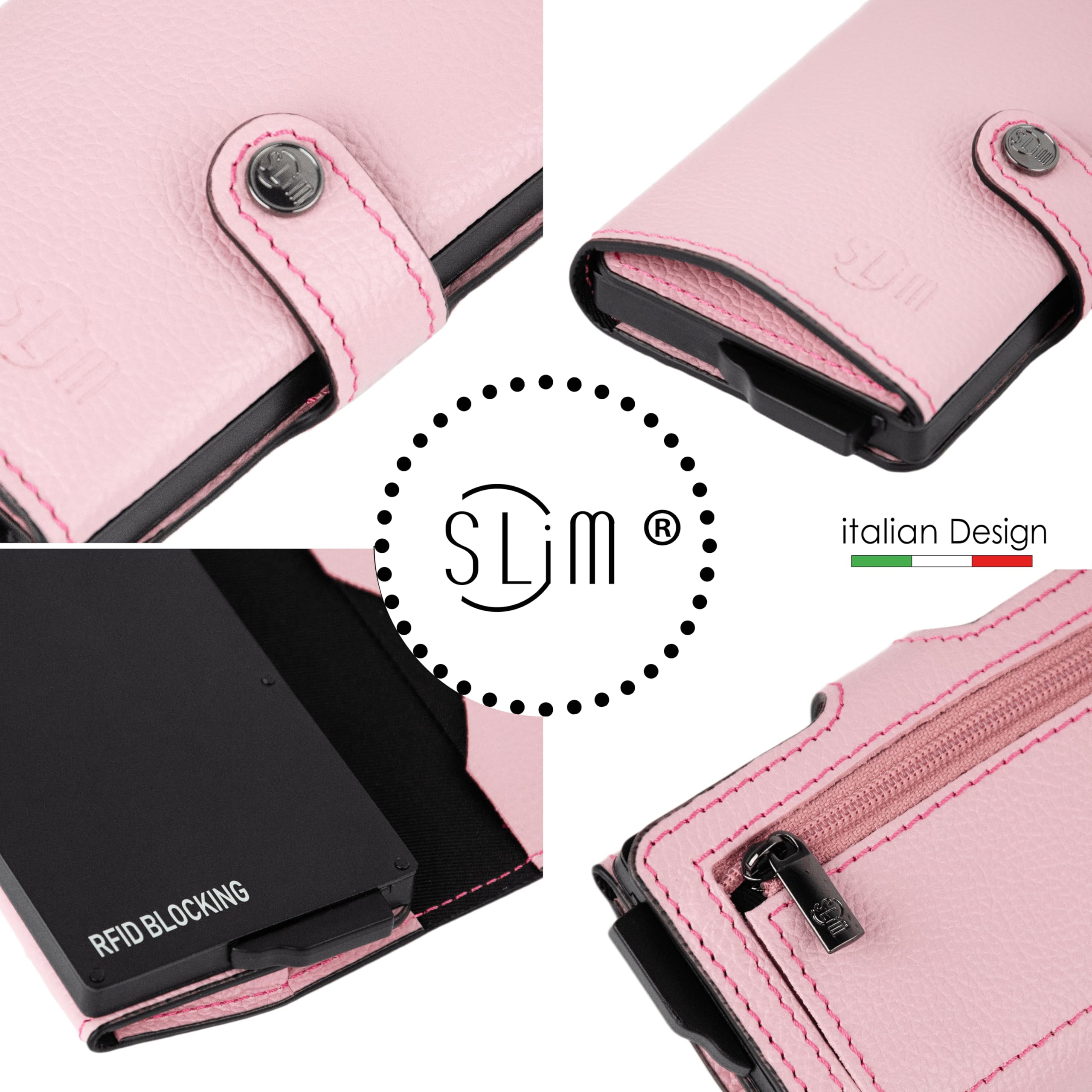 SLim Porta Carte di Credito Schermato Portafoglio Uomo Rfid Portatessere Anticlonazione Donna Portacarte Uomo (Bottalato Rosa, Con Zip)