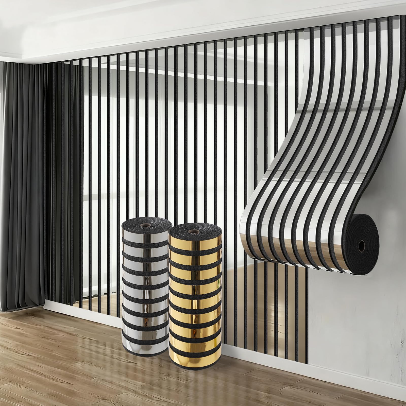 Takezuaa 2 Roll Self Adhesive Thermal Insulation Wallpaper 6mm Thick Mirror Imitation Grille Stripe Metallic Peel and Stick Wallpaper for Living Room,Bedroom 40cm x 3m - Silver — image 1