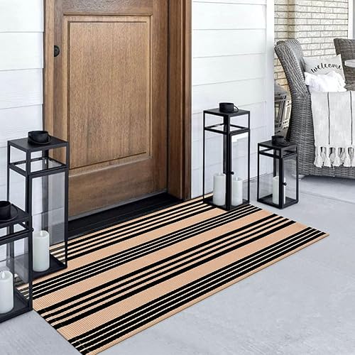 Vista 112 de Alfombra de exterior a rayas blancas y negras, 2 x 3 pies, de algodón, moderna, tejida a mano, reversible, para porche, puerta de bienvenida, 1 tira