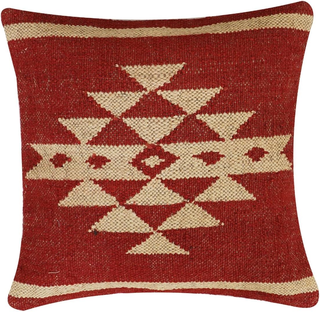 Wool Cushion Cover Handwoven Kilim Pillow Cover Ethnic Square Cushions Boho Home Decor Pillows for Living Room Indian Authentic Rug Cushion Case Vintage Sofa (PATTERN-02)