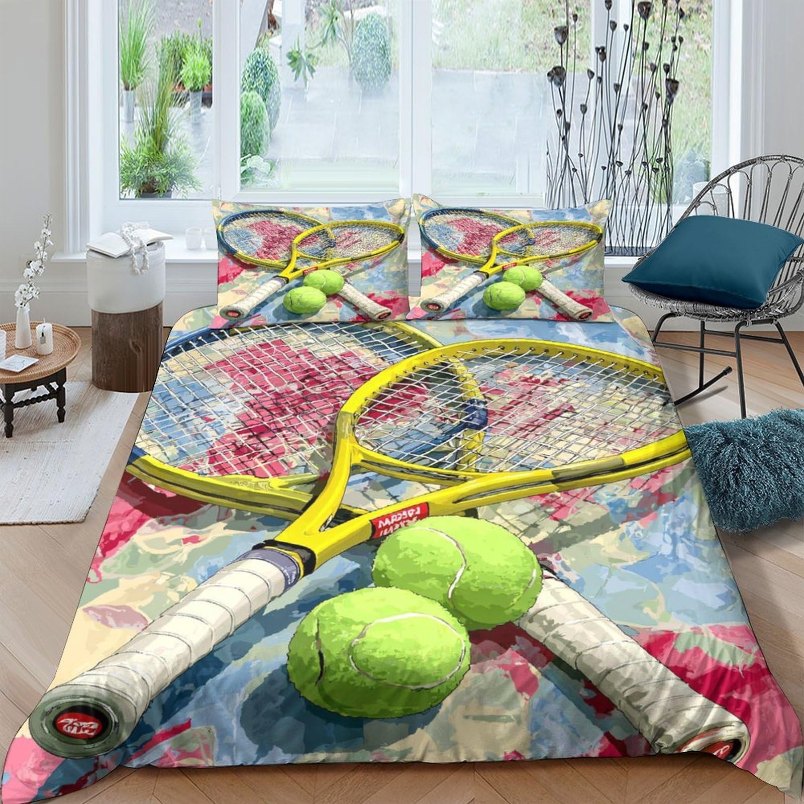 GPLZQXKJNH 3D Printed Tennis Racket Duvet Cover Microfiber Soft Breathable Tennis Ball Bedding Set with 2 Pillowcases for Bedroom Decor Single（135x200cm）