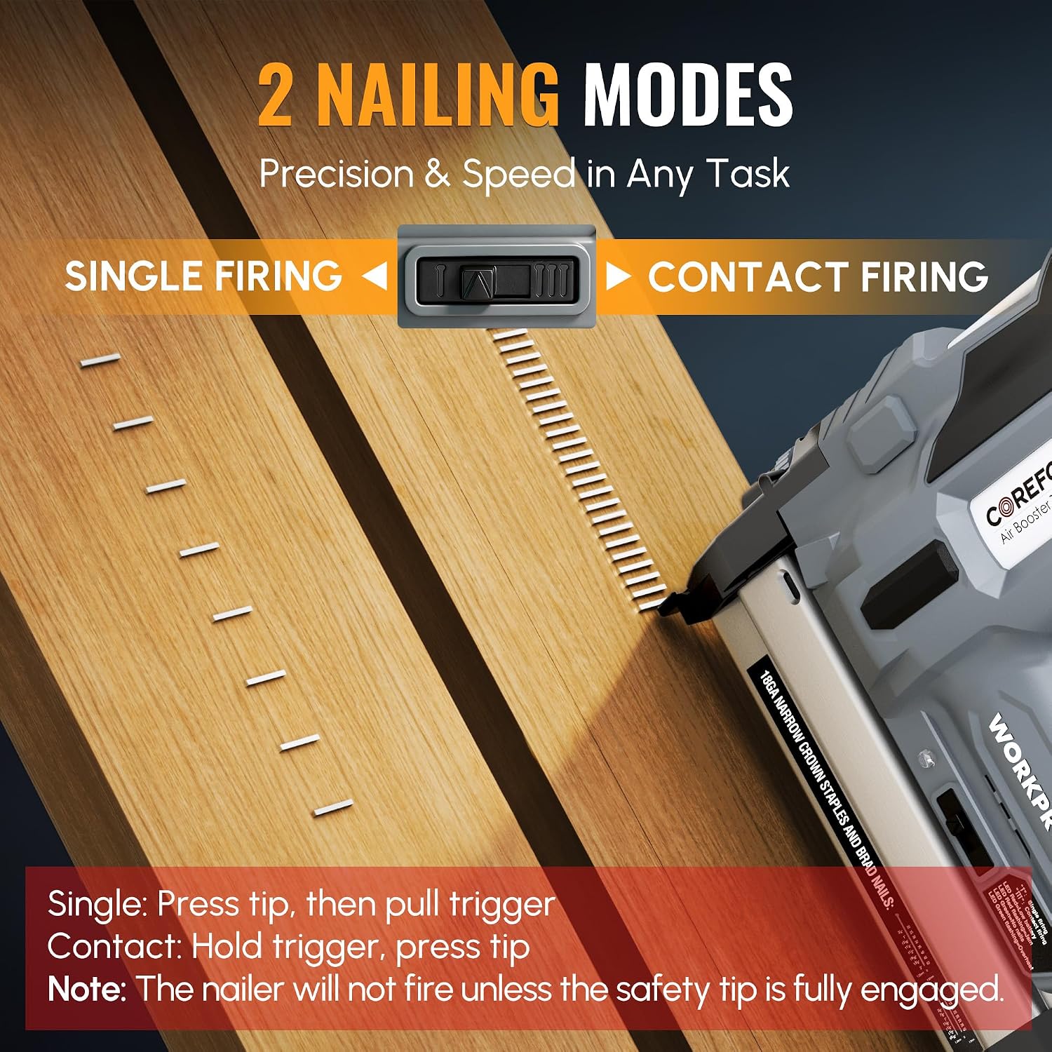 WORKPROX nailer showing single and contact firing modes