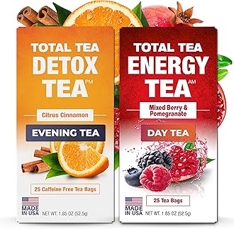 Total Tea Detox Tea & Energy Set - 25 Day Detox - Herbal SIim Tea with Chamomile - Hibiscus Tea and Ginger Root for Colon Cleanse – Natural Citrus & Cinnamon Fruit Tea for Digestive Health