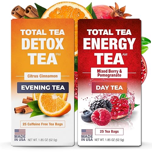 Total Tea Detox Tea & Energy Tea Set - Desintoxicación de 25 días - Té SIim de hierbas con manzanilla - Té de hibisco y raíz de jengibre para