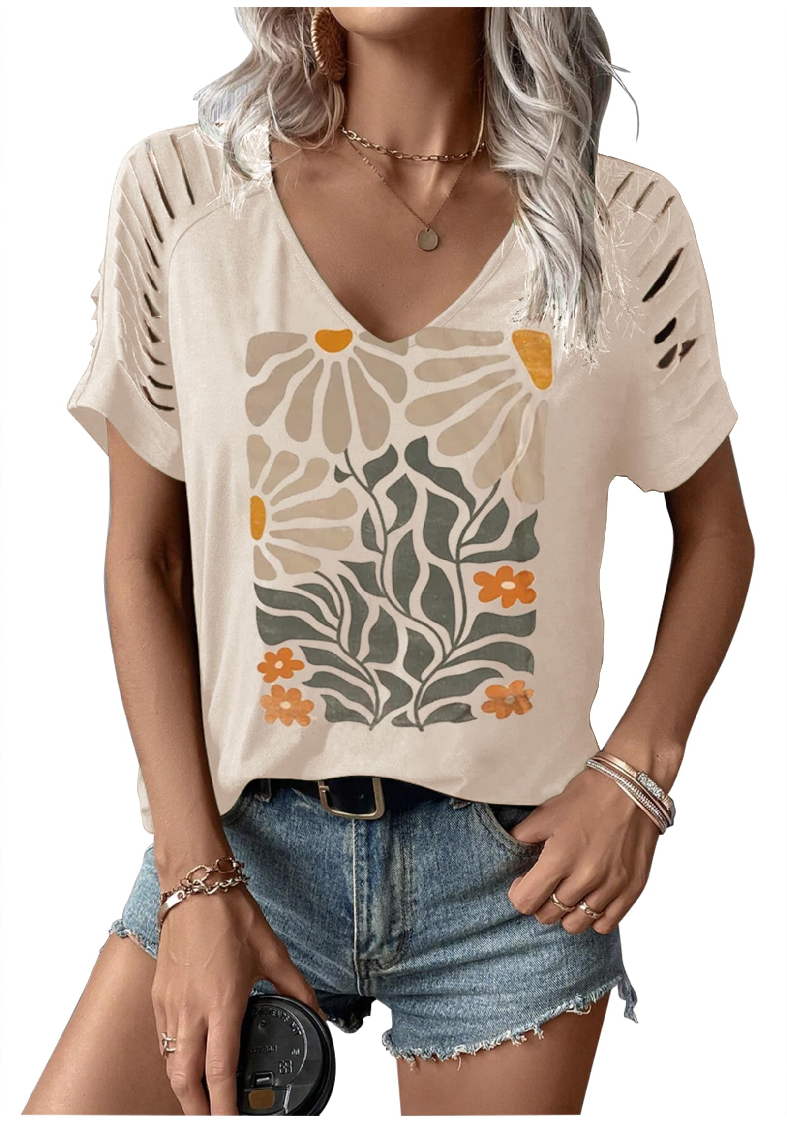 Womens Cut Out Cold Shoulder T Shirts Boho Floral Graphic Tshirts Nashville Country Lacerated Sleeve Cowgirls Tee Tops