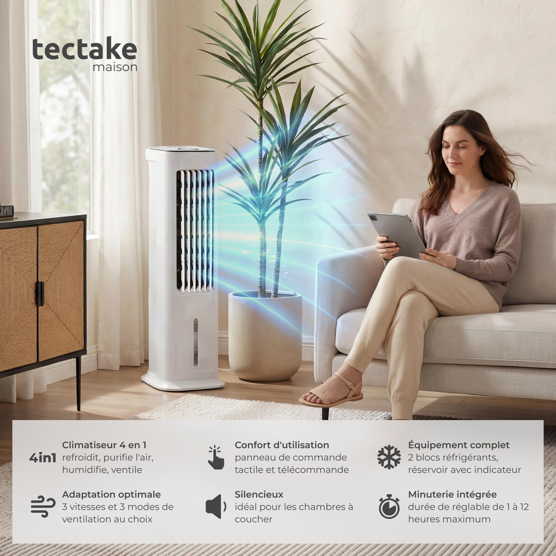 tectake® Rafraichisseur d'air 4-en-1, Refroidisseur Portable, Ventilateur, Humidificateur, Purificateur d'air HEPA, Réservoir 5 L, 3 Modes, 3 vitesses, Oscillation, Minuterie 12H, Silencieux, Blanc