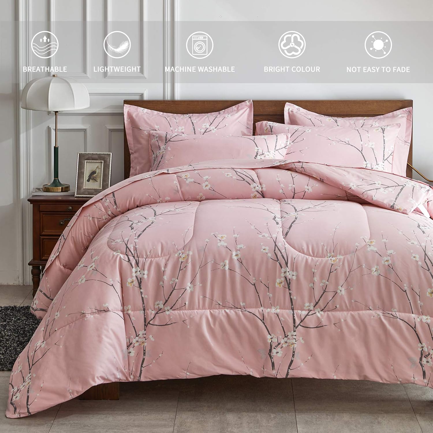 AIKASY Bed in a Bag 6 Pieces Twin Size - Floral Print - Soft Microfiber, Reversible Bed Comforter Set (1 Comforter, 2 Pillow Shams, 1 Flat Sheet, 1 Fitted Sheet, 1 Pillowcases)(Pink, Twin) - Image 3