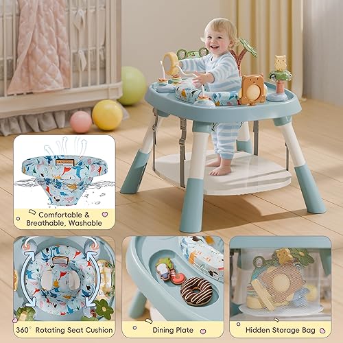 Miniatura 3 de Centro de actividades para bebés, centro de actividades para bebés con música, luces, 5 juguetes para bebés, puentes y gorilas, asiento giratorio de