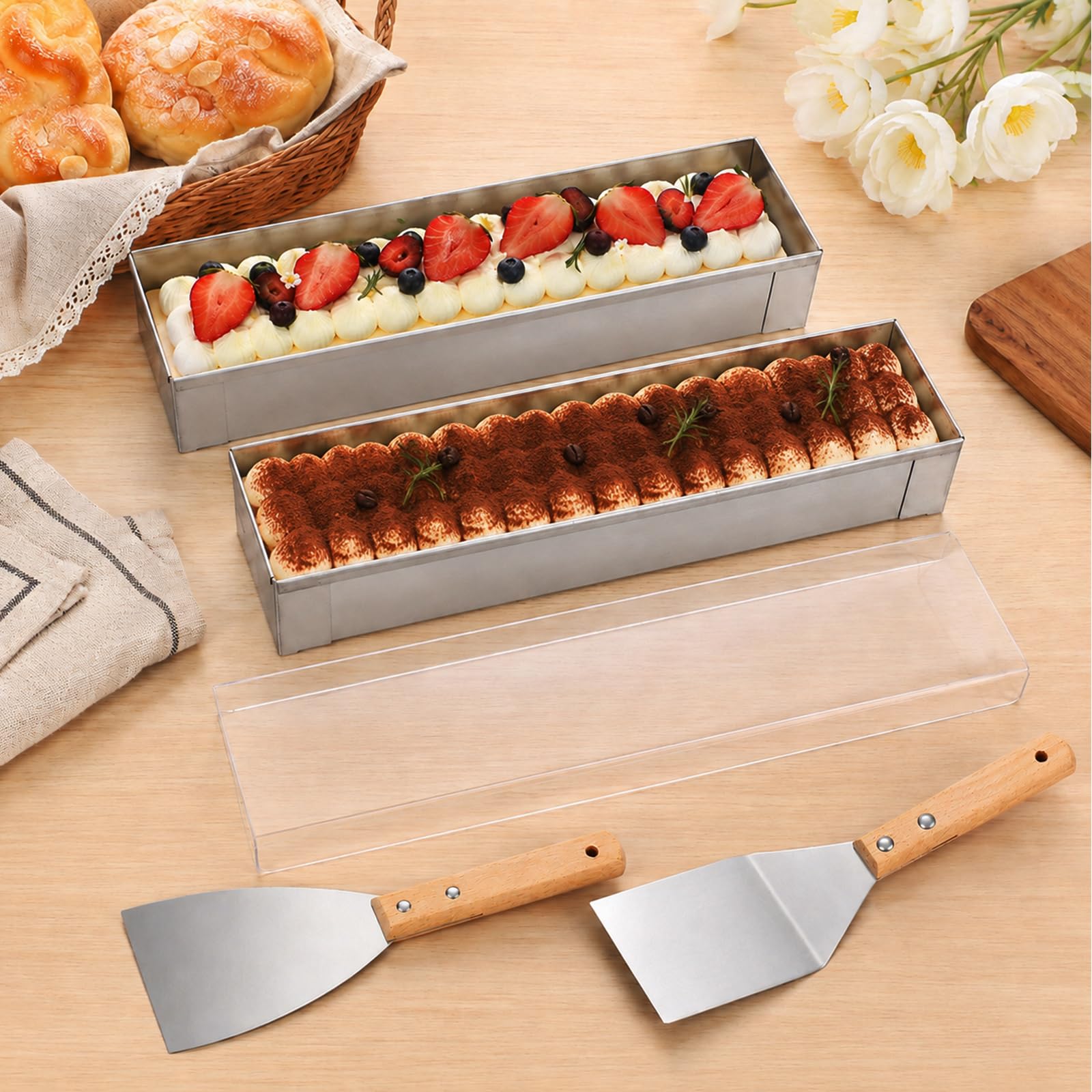 2er Set Tiramisu Backform mit Acryldeckel, 40cm Edelstahl Kuchenform Eckig mit Abnehmbaren Seitenteilen, 304 Mousse Ring Backrahmen inkl. 2 Servierspachtel für Schichtkuchen Desserts