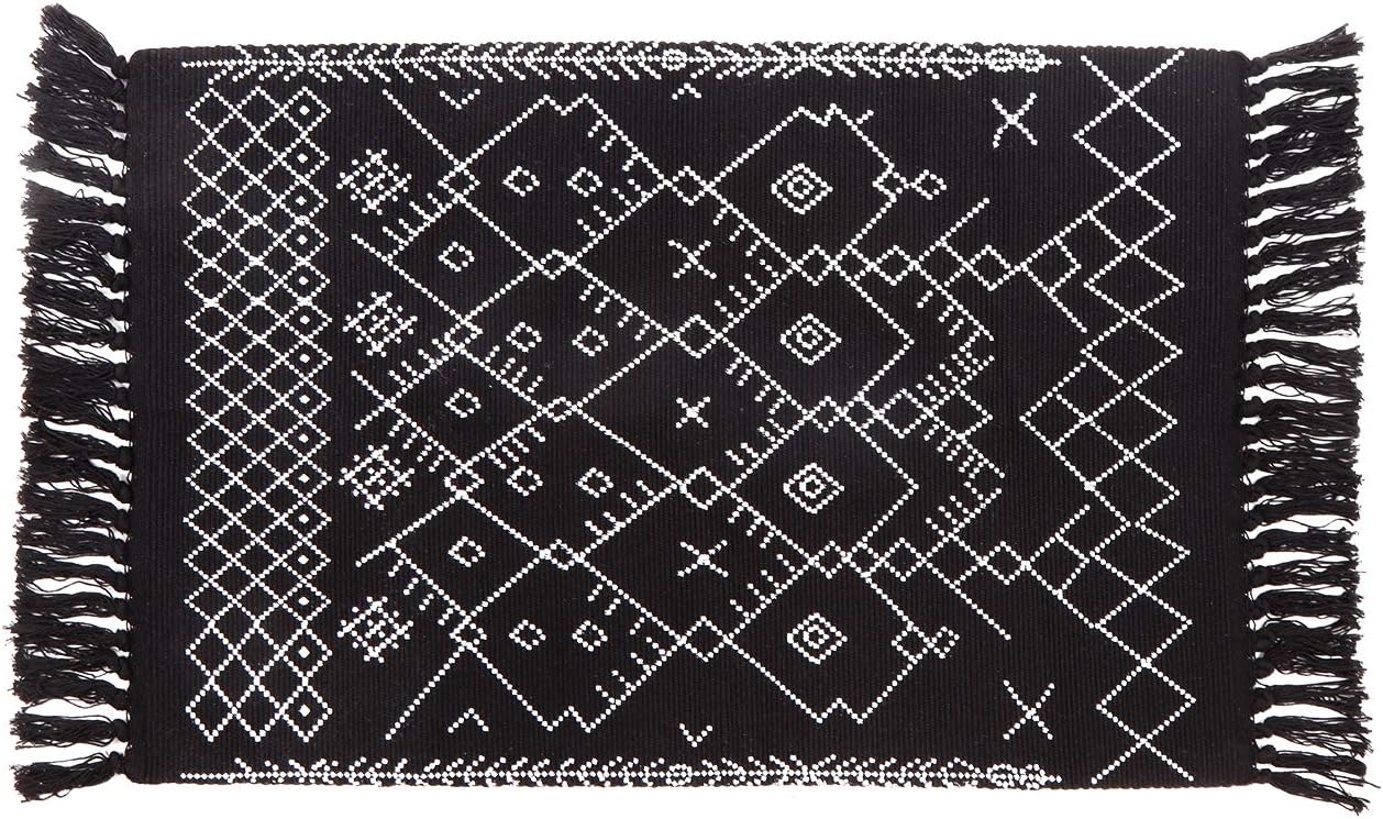 Boho Rug Runner 2' x 3', Black White Bathroom Rug, Farmhouse Cotton Woven Small Tassels Fringe Area Rug for Kitchen Laundry Bedroom Doorway, Black