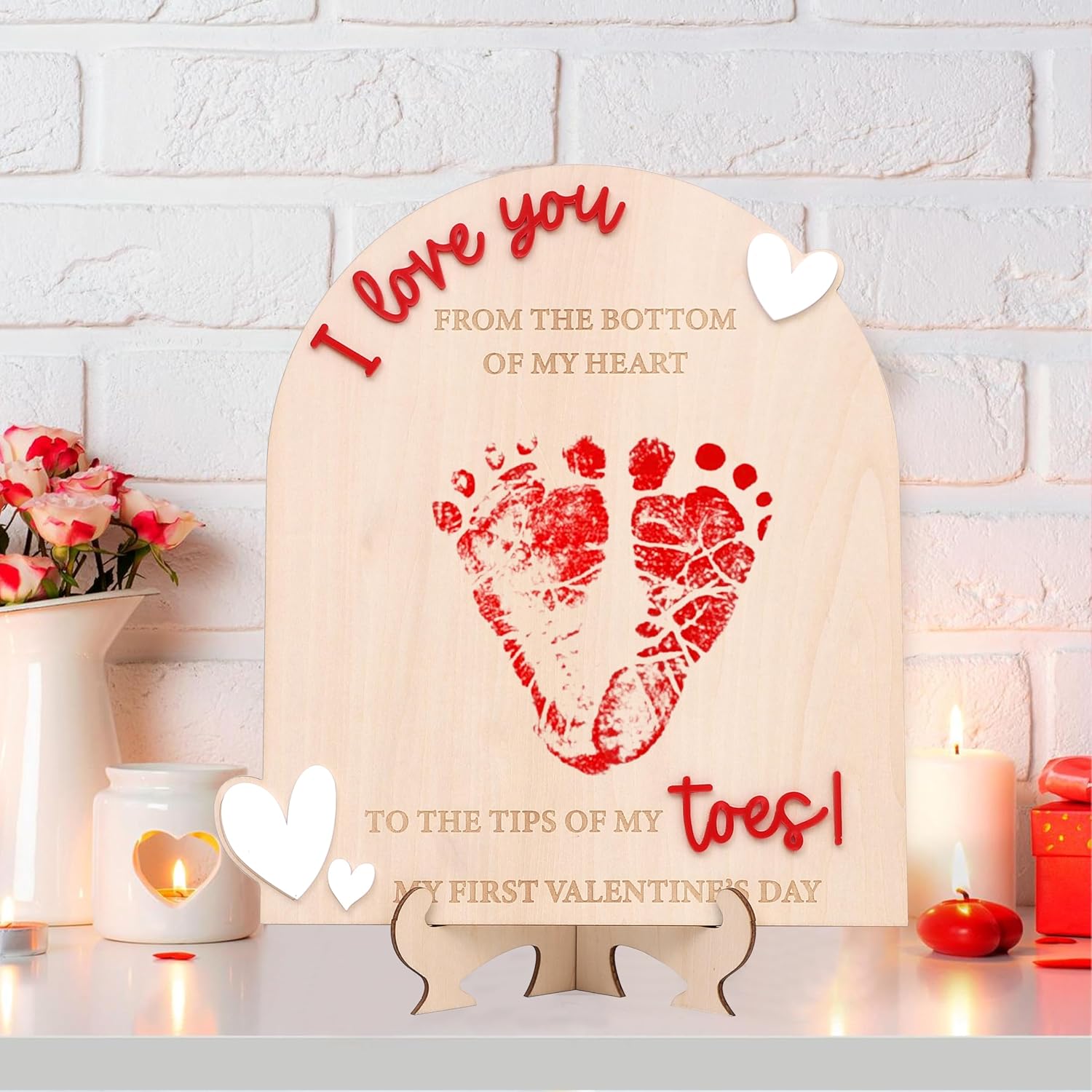 My First Valentine Footprint Wooden Board - Gender Revealing Wooden Decoration, Diy Footprint Wood Craft, Our Little Valentine Wood Sign Milestone, Hospital Birth Announcement Signs Photo Prop