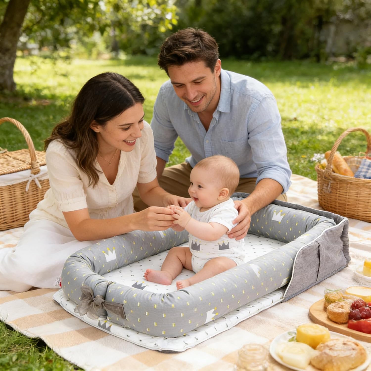 Baby Lounger for Newborns & Infants 0–24 Months, 100% Cotton Breathable Infant Support Cushion with Adjustable Size, Portable Baby Nest for Home and Travel, Baby Shower Gift(Crown Grey) - Image 8