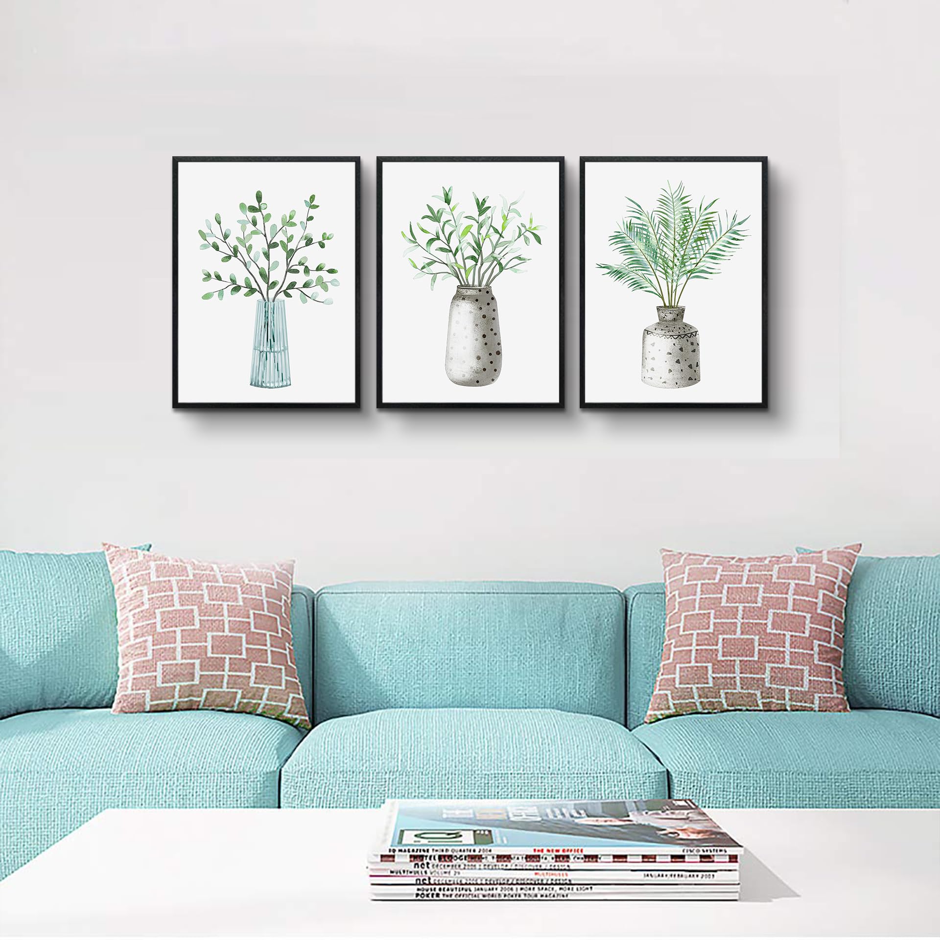 AHUASJART Wall Decoration For Living Room Family Wall Decor For Bedroom Black Framed Canvas Wall Art Paintings For Kitchen Dining Room Decor Green Leaf Vase Wall Pictures Artwork Home Walls 3 Piece